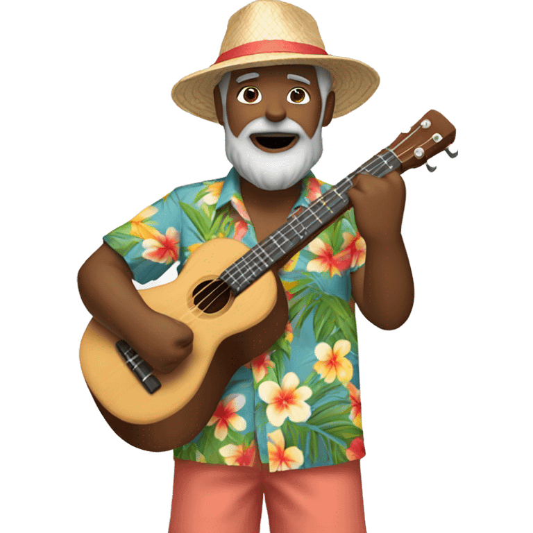 Hawaiian dark-skinned man playing ukulele 57 years old wearing Hawaiian shirt shorts beard with gray hair and hat emoji