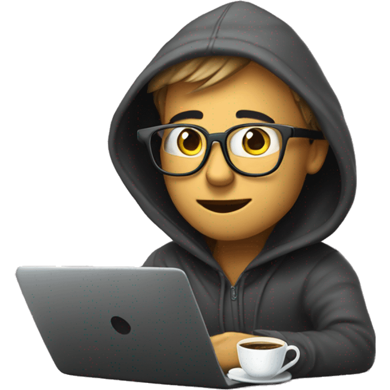 geek with spectacles and hoodie sitting infront of laptop with cup of coffee emoji