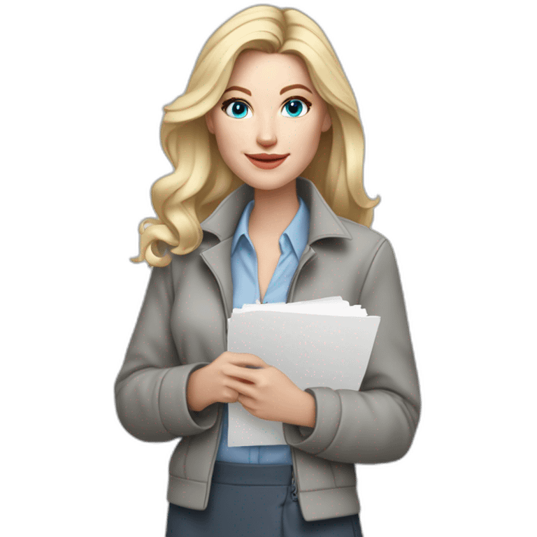 pale skin woman interior designer with cold blonde middle length hair, blue eyes, White blouse, Gray oversize jacket, Gray skirt holding a color palette in the hands emoji