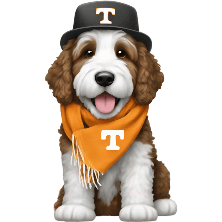 Bernedoodle with University of tennessee hat and scarf emoji