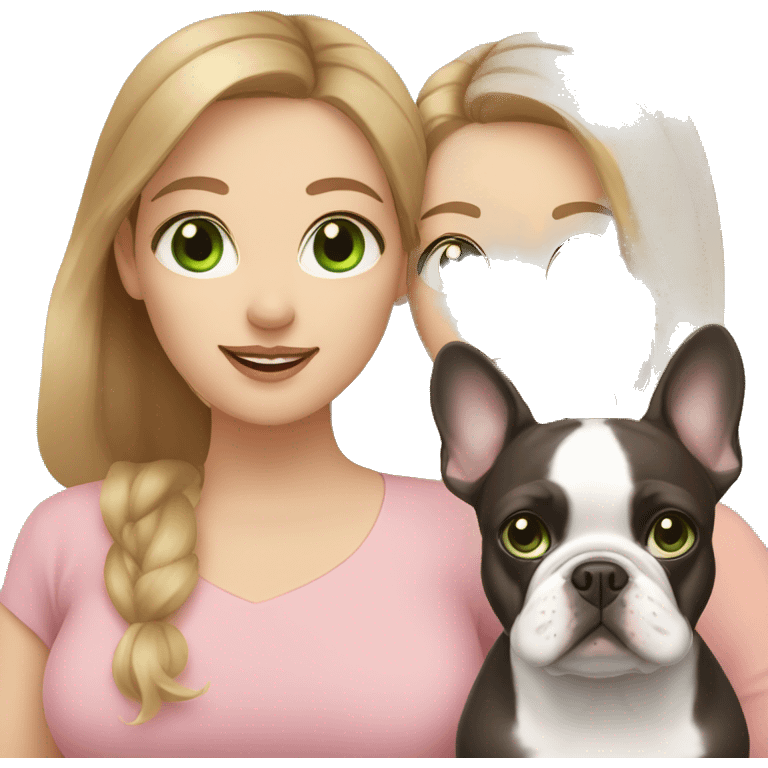 Mom with light brown hair and green eyes, daughter with light brown hair and blue eyes, French bulldog emoji