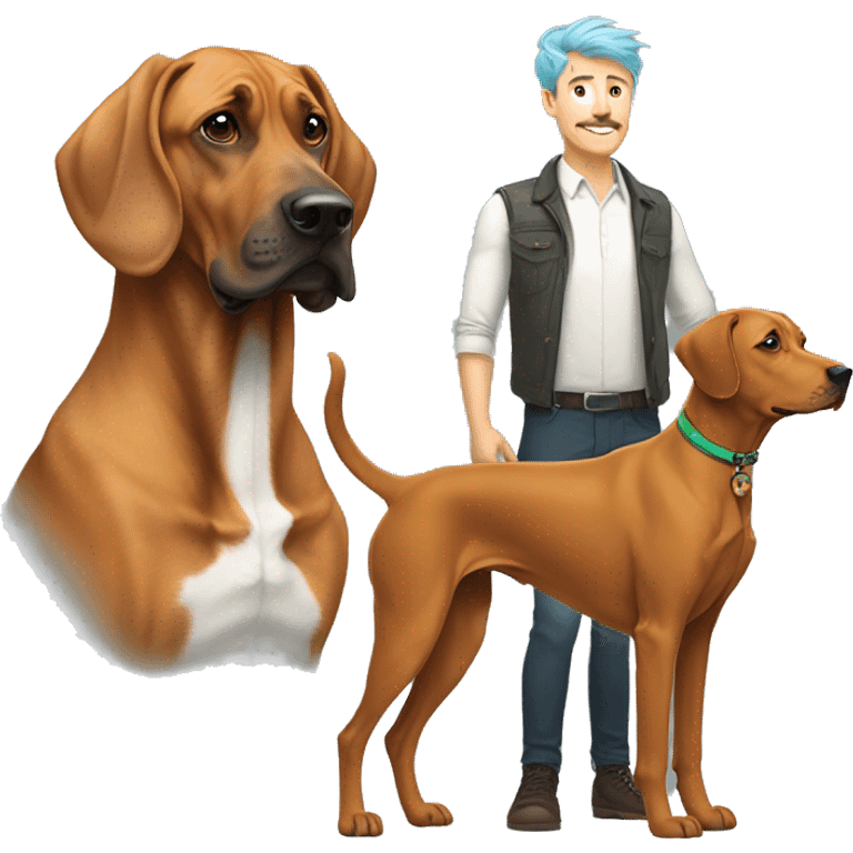 white male with rainbow colored hair and curled mustache standing alongside a brown rhodesian ridgeback dog emoji