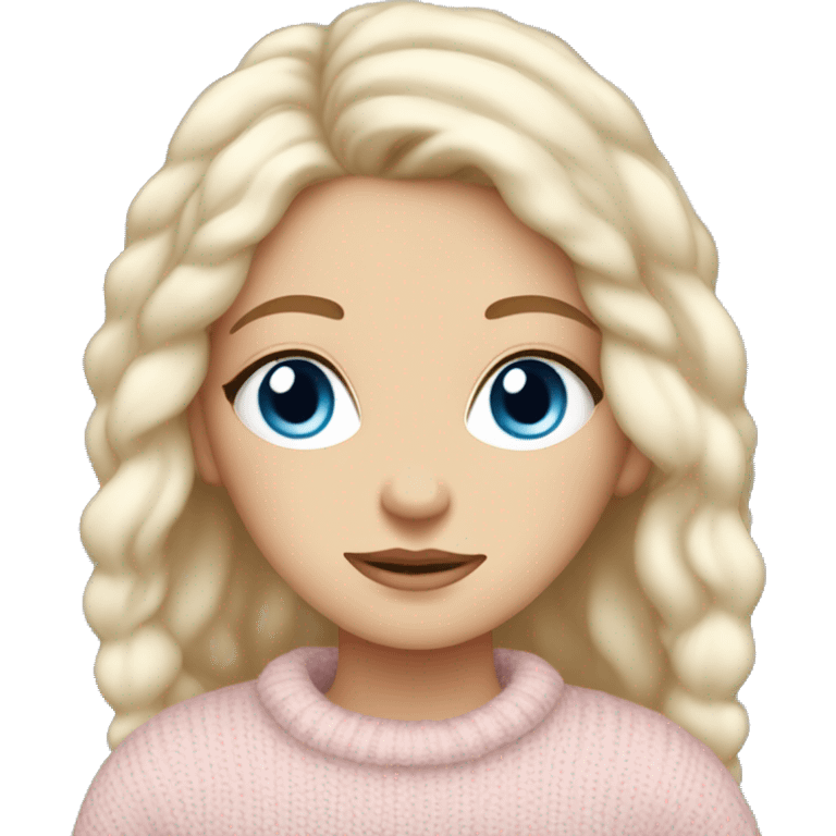 Pretty blue eyed white girl with light pink sweater reading cozy emoji