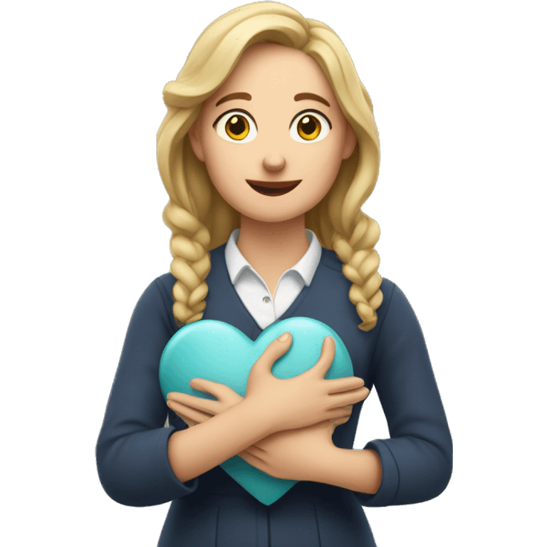 A European woman teacher holds her heart in her hands emoji