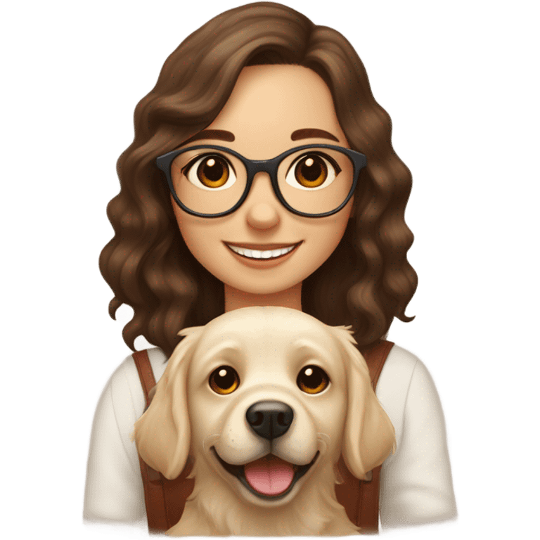 Smiling girl with long dark wavy brown hair and red glasses next to a shaggy beige Labrador puppy emoji