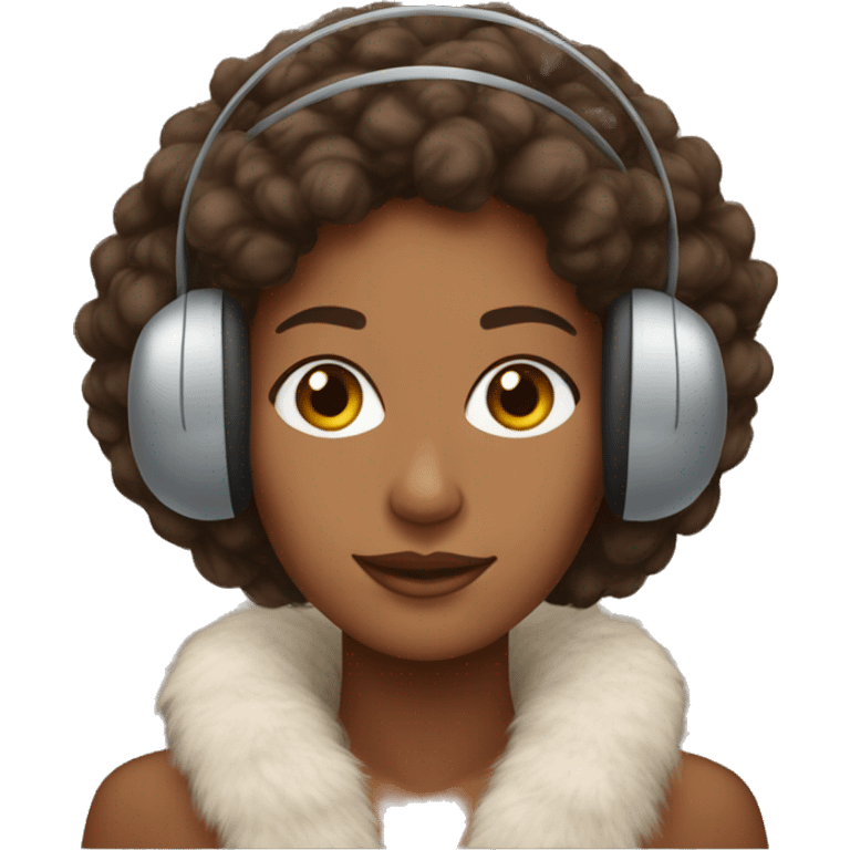 brown skinned woman with curly brown hair wearing winter faux fur earmuffs emoji