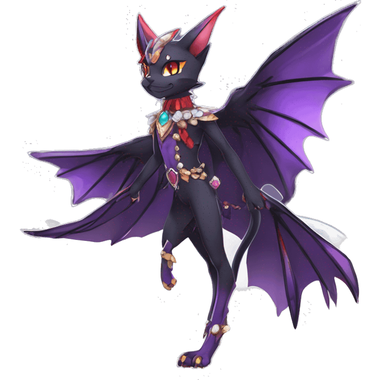 cool kawaii anime-cartoon edgy distinguished ethereal elegant beautiful fantasy black purple red ethereal fantasy nargacuga-Noivern-cat-Quiana-Fakemon collar harness moon gem jewels full body emoji