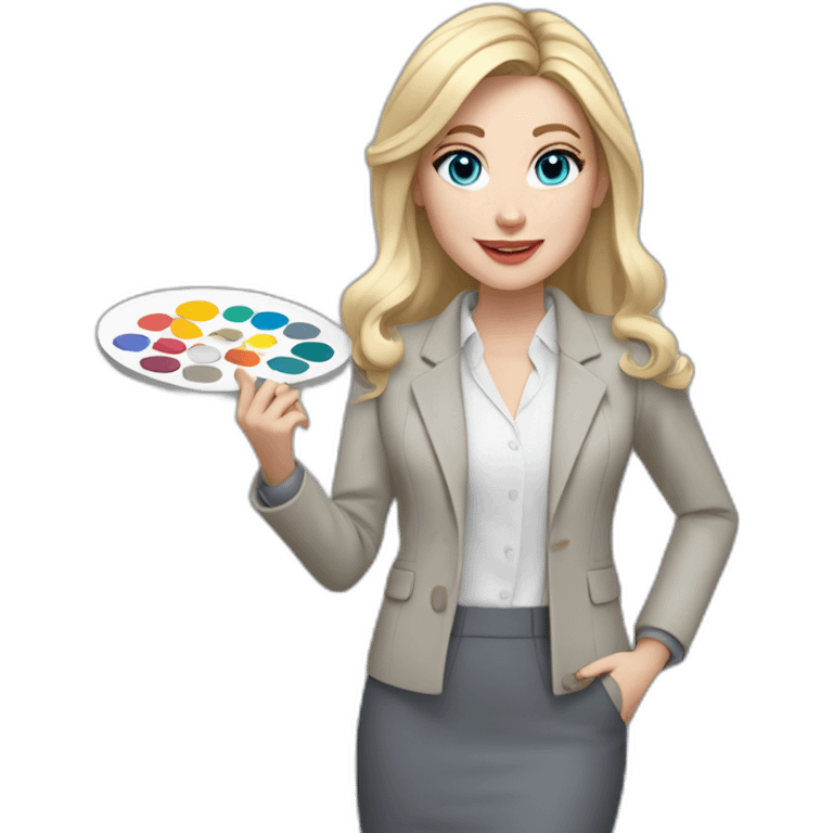 pale skin woman interior designer with cold blonde middle length hair, blue eyes, White blouse, Gray oversize jacket, Gray skirt holding a color palette in the hands emoji