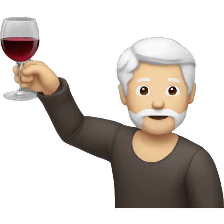 a man with white hair and a beard drinking a glas of wine staring, view angle is slightly from the side emoji