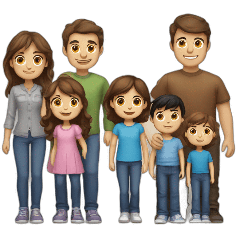 a family of 5 people with a mother with brown hair and blue eyes, a father with black hair and brown eyes, two boys with brown hair and brown eyes, and a girl with brown bangs and brown eyes. emoji