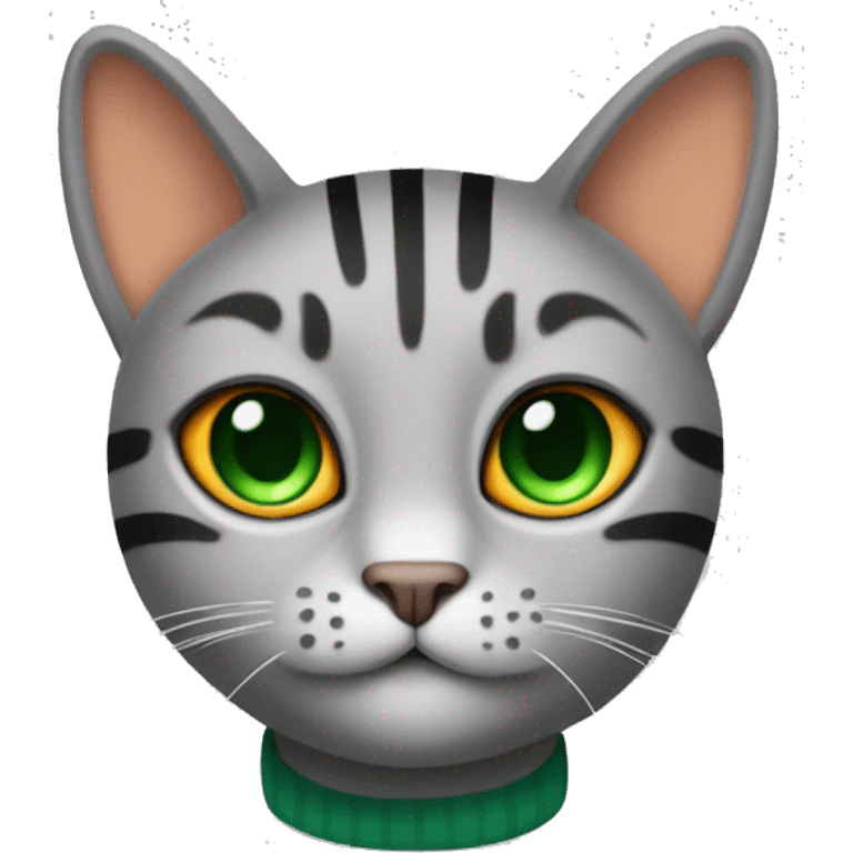 A striped grey cat with green eyes with orange sweater in full growth emoji