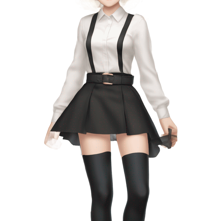 Anime version of Kiernan Shipka in 20denier black thigh highs and super high platform high heel sandals with white blouse with belt straps emoji