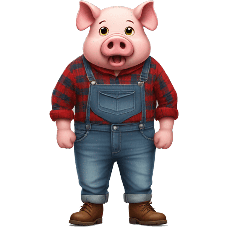 An angry humanoid pig wearing a red long sleeved flannel with blue jeans and brown shoes emoji