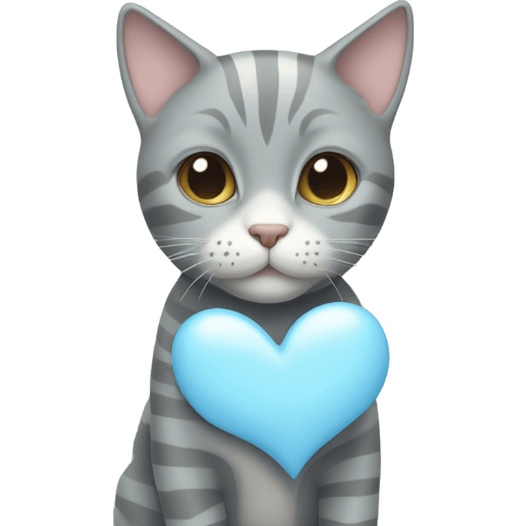 Gray cat with white stripes next to a pastel blue heart emoji