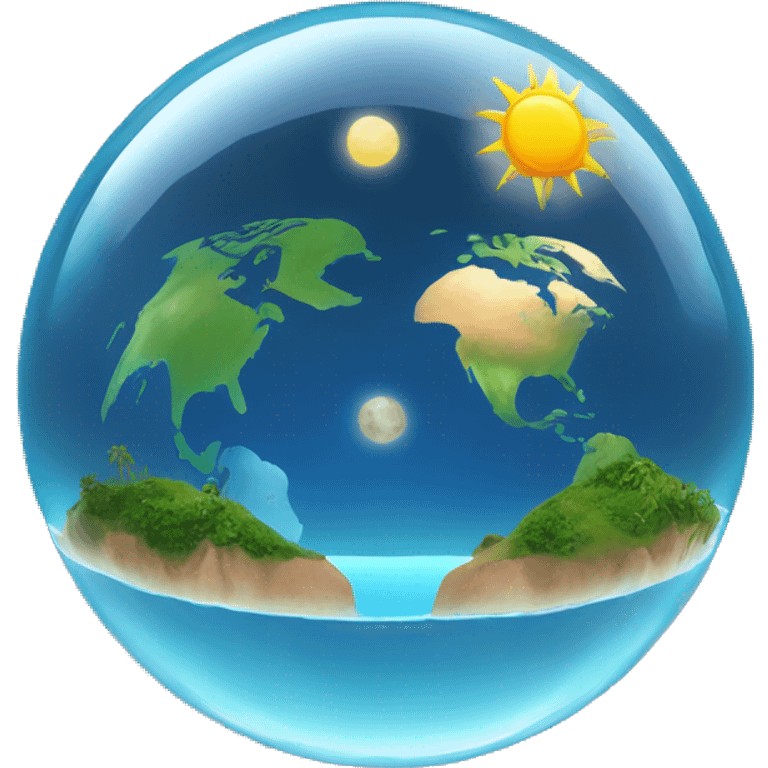 earth inside a fishbowl dome with the sun on the right side and the moon on the left side both inside the dome with islands and water surrounding them emoji