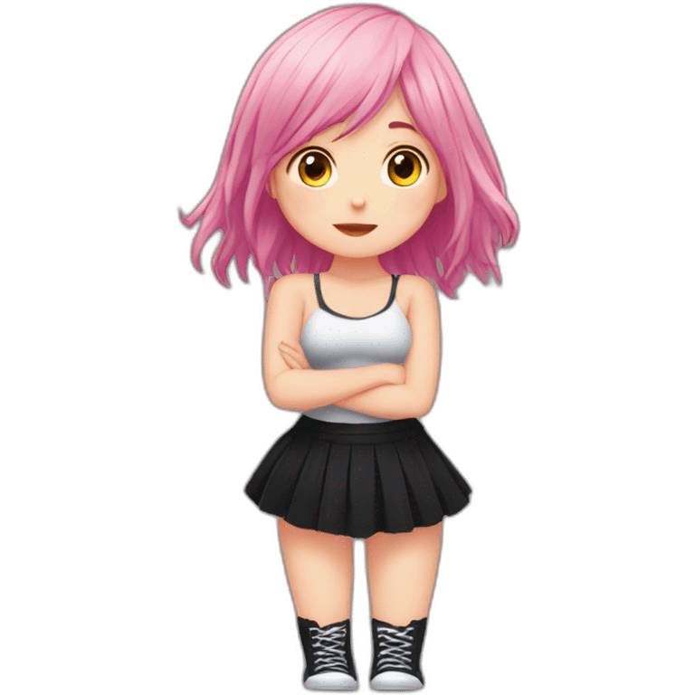 Full body Front view curvy emo girl pink hair sits on the floor straight view hands up black skirt полосатые рваные чулки emoji