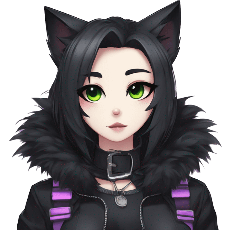 Gorgeous furry gothic dark techwear anime style anthro black cat furry sona Fakemon with blushing face aesthetic and pretty edgy black with collar and harness trending style emoji