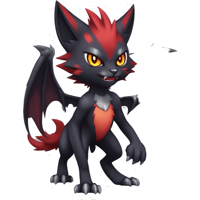   cool edgy beautiful fantasy anime-style dark animal vampiric Litten-Zoroark-cat-hybrid Fakemon with big fangs and bat-ears full body emoji