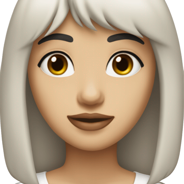 TransGirl with an oval face, fair skin, long dark brown wavy hair with bangs, brown eyes, dark brown straight eyebrows, medium-sized straight nose, slightly full lips, wearing a black choker necklace and a white t-shirt.

 emoji