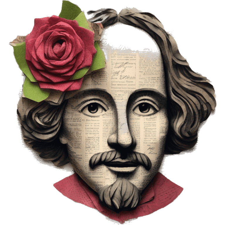 Shakespeare made of newspaper cuttings wearing flowers, stained glass, fairy lights, bokeh, annotated sketch, handwritten letters, collage of intricate patterns, roses flowers emoji