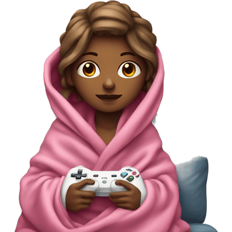 Girl wrapped up in a blanket sitting on a couch with a pink gaming controller in her hands emoji