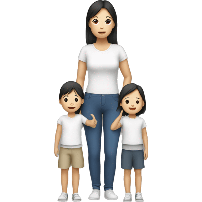 young asian mum holding two kids, standing  emoji