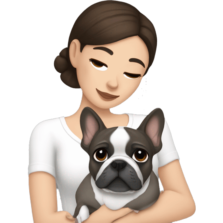 Brunette and brown eyes woman hugging grey French bulldog emoji