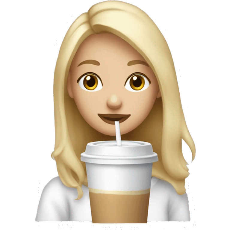 a blonde girl drinking iced coffee with a white sweatshirt on  emoji