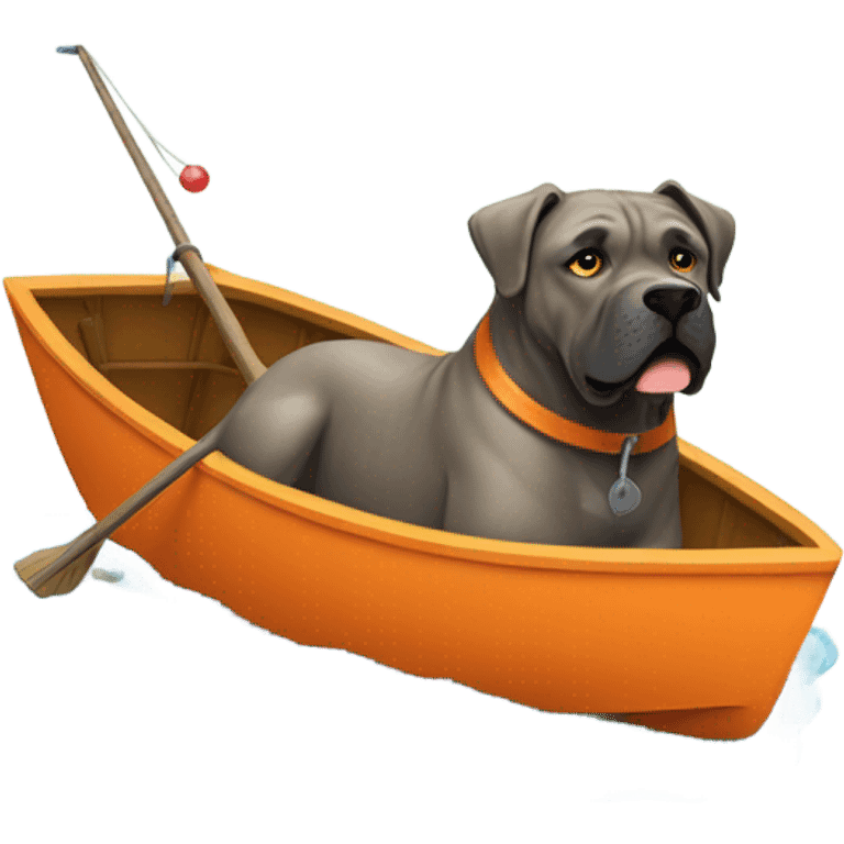 An orange-colored Cane Corso fishing in a small boat. emoji