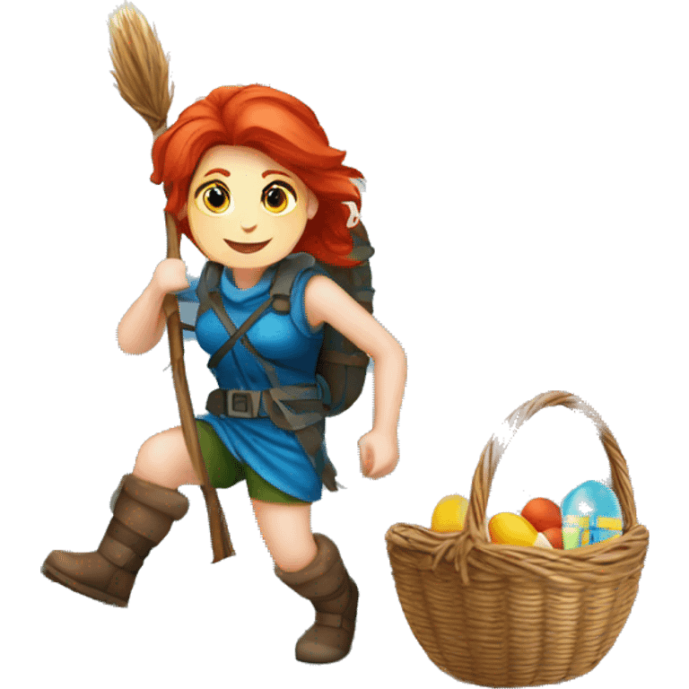 red hair female winter mountaineer climbing with Easter eggsbasket and Greek flag emoji