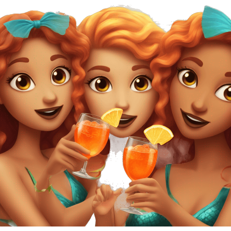 Three beautiful bright skin mermaids drinking aperol emoji