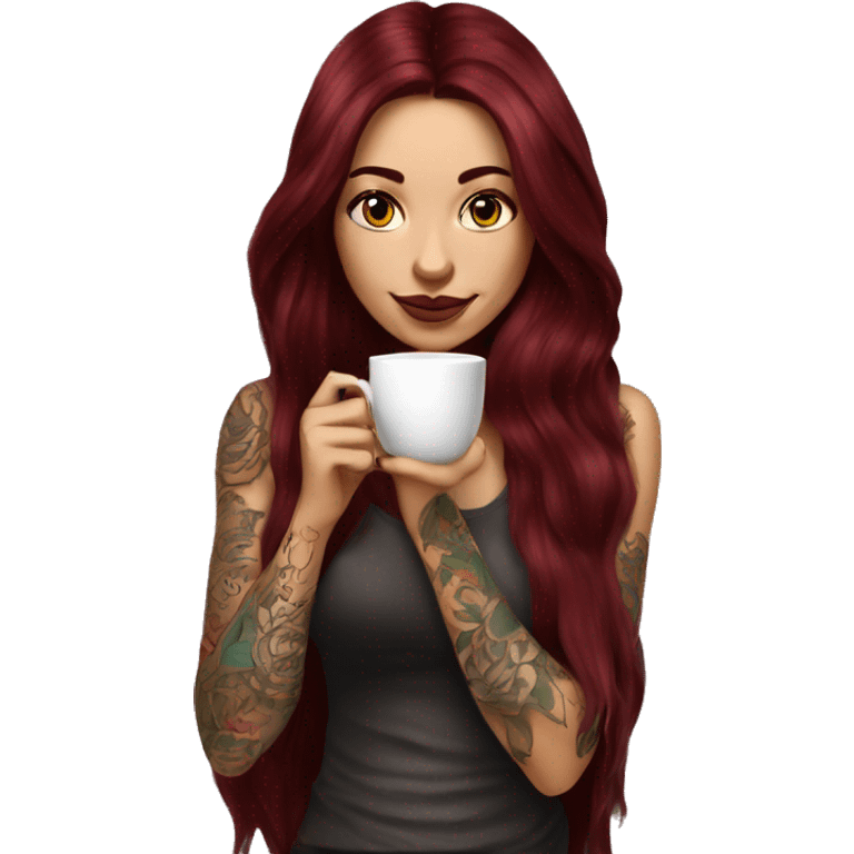 Beautiful tattooed  burgundy long haired woman sipping tea emoji