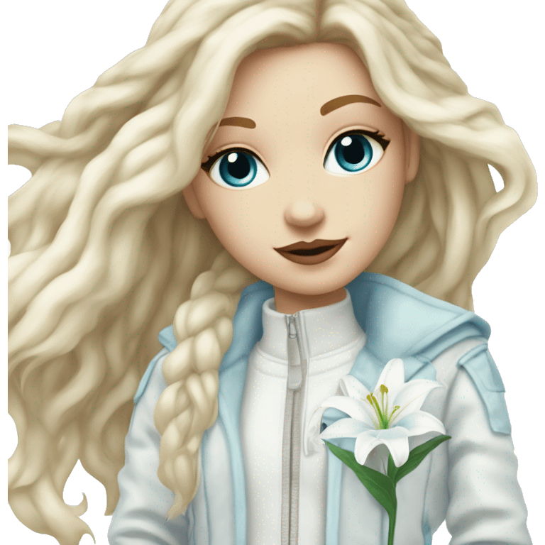 blonde hair white girl with long hair, in a white patched jacket with light blue patches, light blue eyeshadow… holding a white lily ethereal emoji