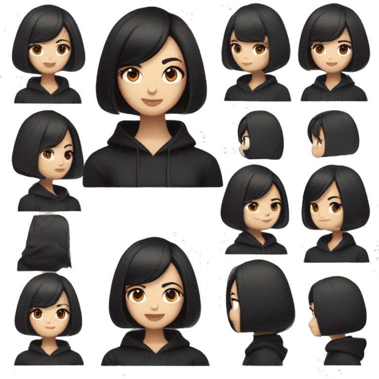 A mesmerizing woman with a sleek, jet-black bob cut hairstyle, her captivating eyes locking onto yours with an enigmatic gaze; she is of Asian descent, exuding an irresistible charm with her flawlessly sculpted features. She wears a black hoodie emoji