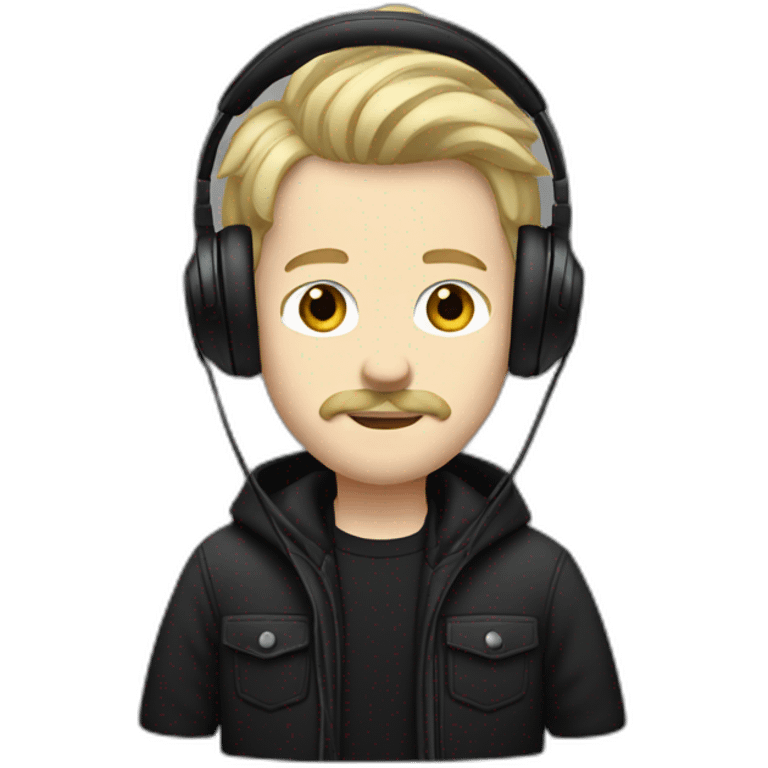 YOUNG WHITE MAN BLONDE HAIR AND MUSTACHE USING A BLACK JACKET AND A HEADPHONE WITH A NEUTRAL FACE emoji