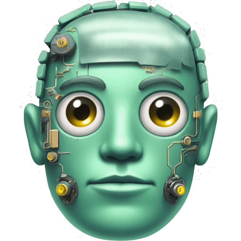 Pastel green haired male cyborg head with monocle and circuitry emoji