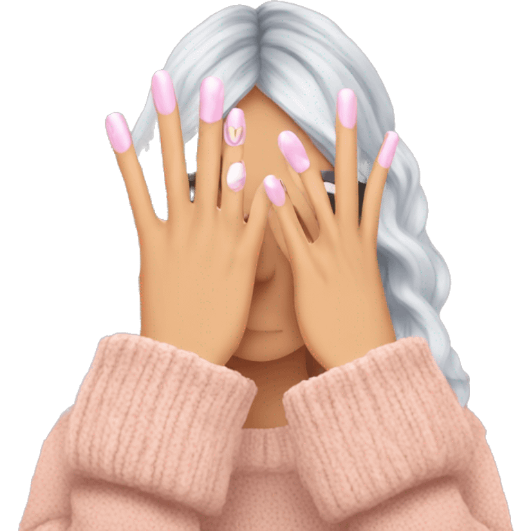 a hand with oversized sweater showing cute charmed french tiped nails emoji