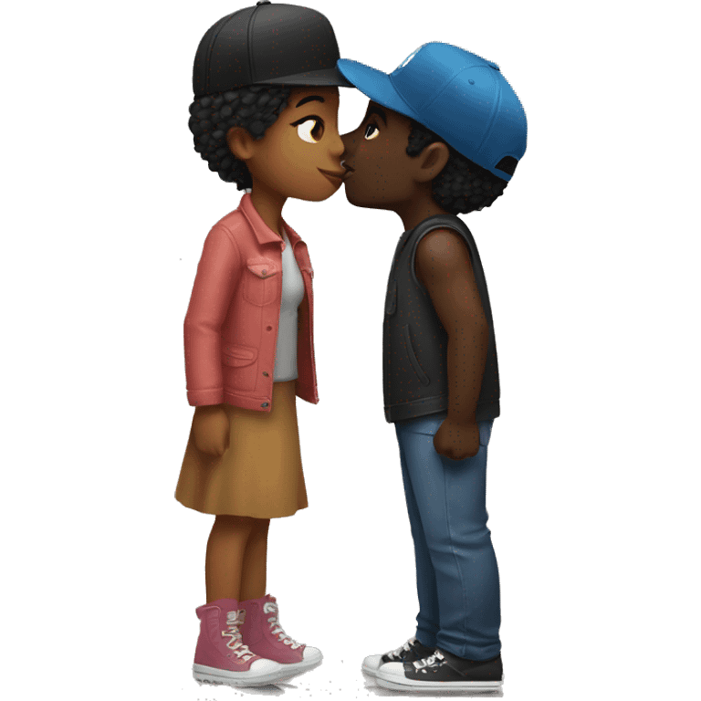 Black girl, kissing a black guy in trucker hat emoji