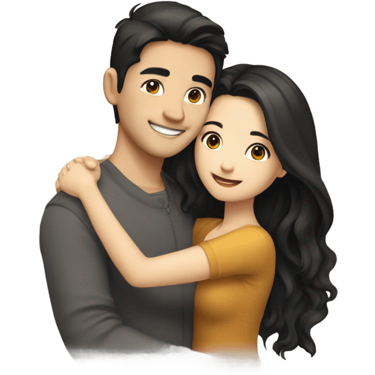 A cute and very happy Asian couple hugging each other very tight. The girl has long dark wavy hair and pale skin and dark hazel eyes, the Man has short dark straight hair and bright amber eyes and is pale emoji