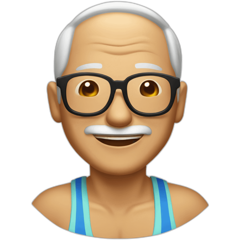 A Chinese old guy in beach wear glasses and swimiming suitvery happy emoji