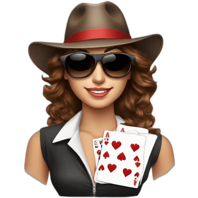 sunglasses on female head with wavy brown hair and a poker hat, playing blackjack emoji