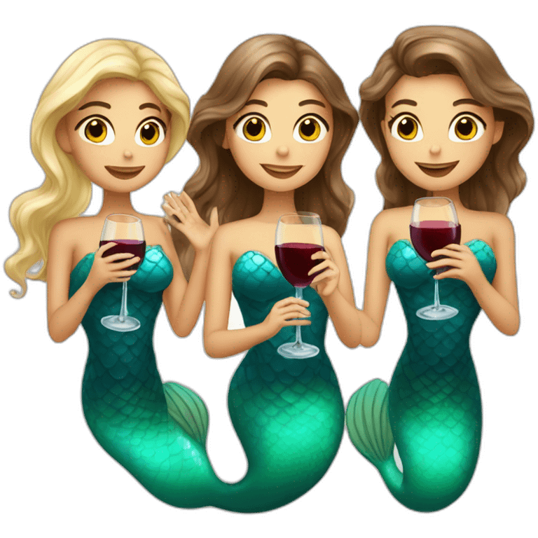 Three beautiful mermaids (two brown hair and blond one) drinking wine emoji