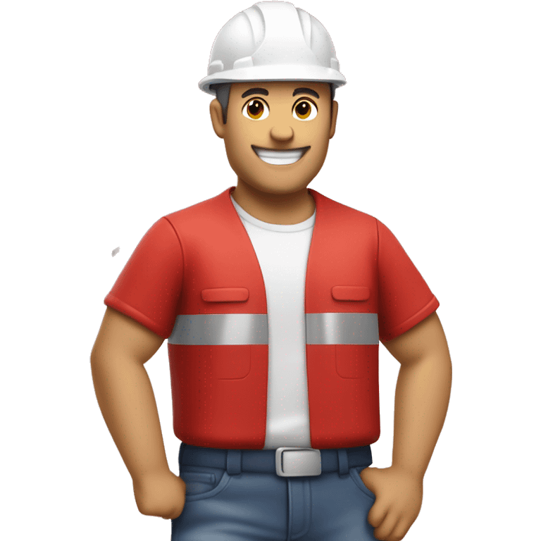 full body worker with white hard hat and red t-shirt celebrating, confetti emoji