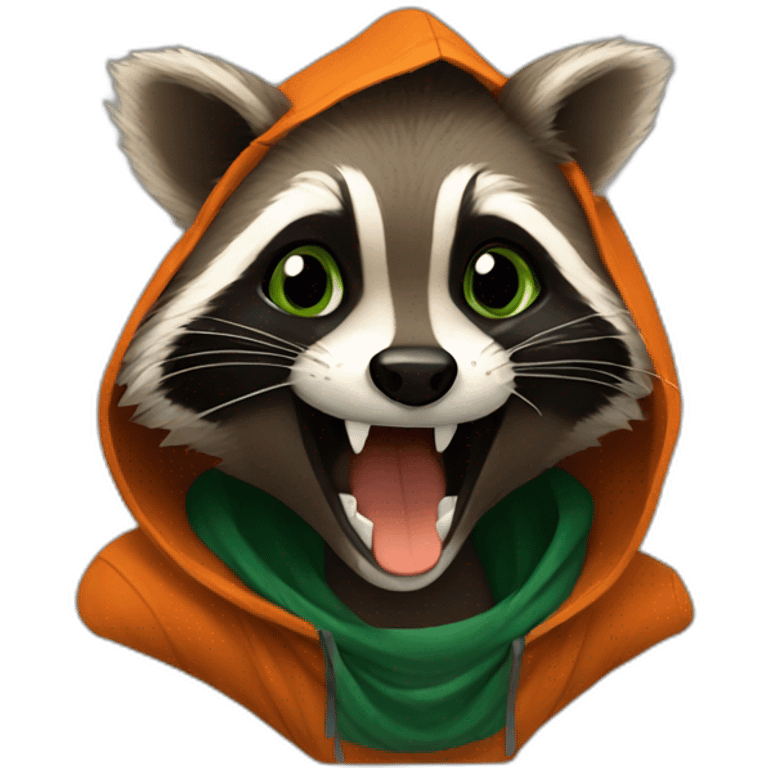 brown raccoon with orange eyes and a dark green hood that is laughing emoji