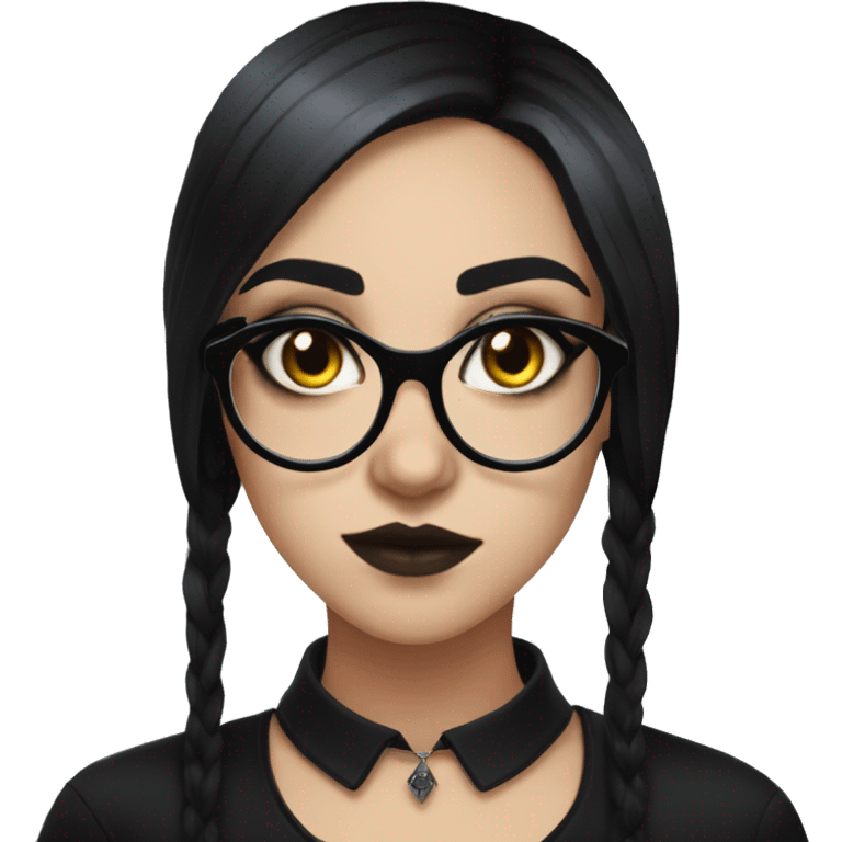 Goth girl with glasses and graphic eyeliner and black hair wearing a black shirt emoji