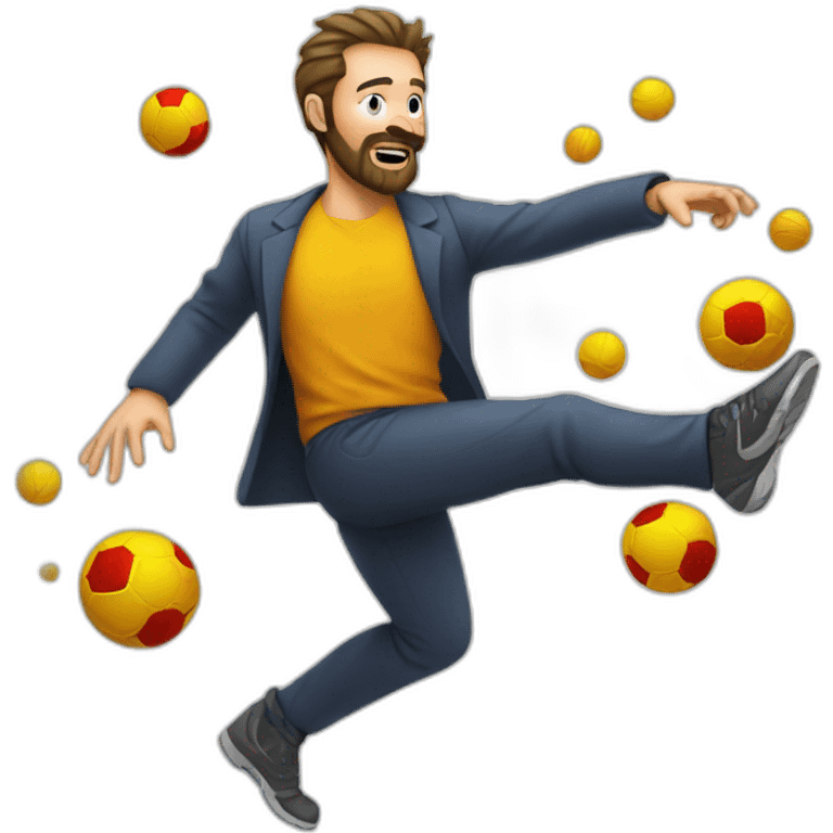 man with beard kicking virus as ball emoji