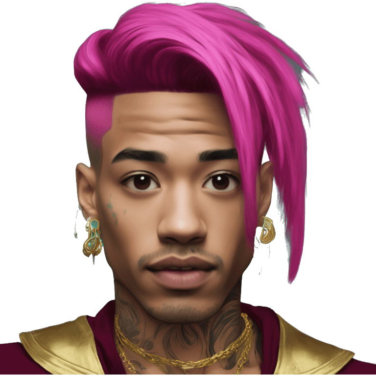 Vintage patina intricate swirls gold jewellery baroque raven wings angel tropical Deep pink maroon burgundy cyan dark hoodie man vitiligo dyed hair gold piercings nose piercing ear piercings emoji