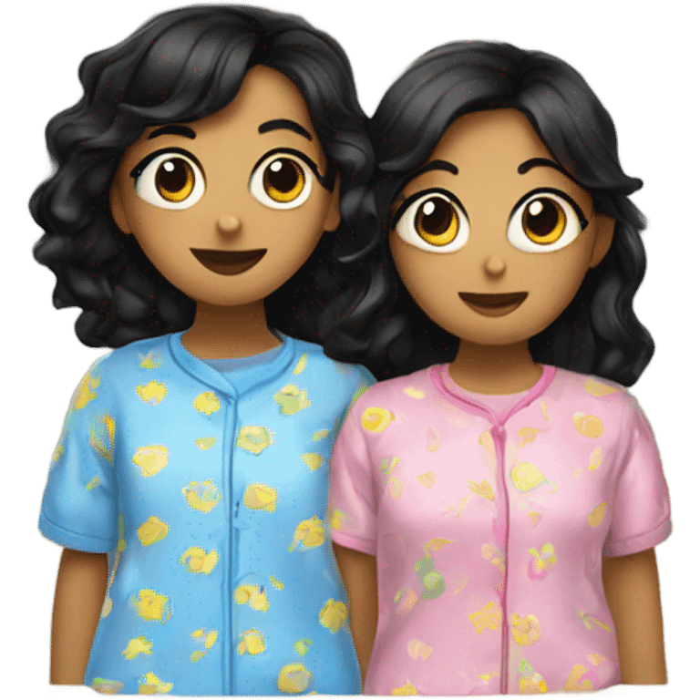 two girls with black hair in pajamas by window emoji