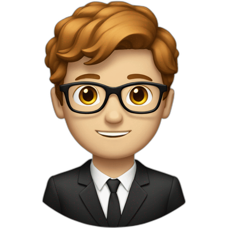 a white boy with square glasses with short brown reddish hair wearing a suit and black shoes emoji