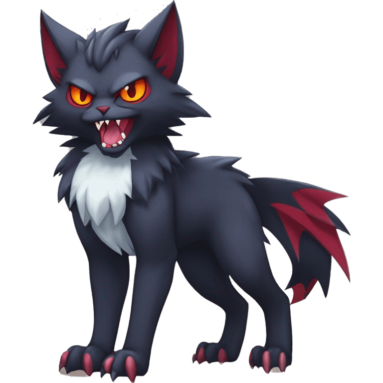   cool edgy beautiful fantasy anime-style dark animal vampiric Litten-Zoroark-Nargacuga-cat-hybrid Fakemon with big fangs and bat-ears full body emoji